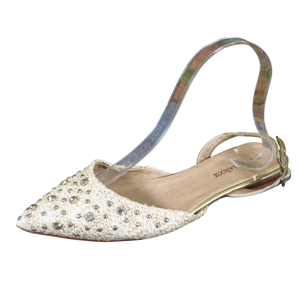 Raphaella Booz Women Slingback Flat Size 8B Dressy Woven Raffia Gold Studded
